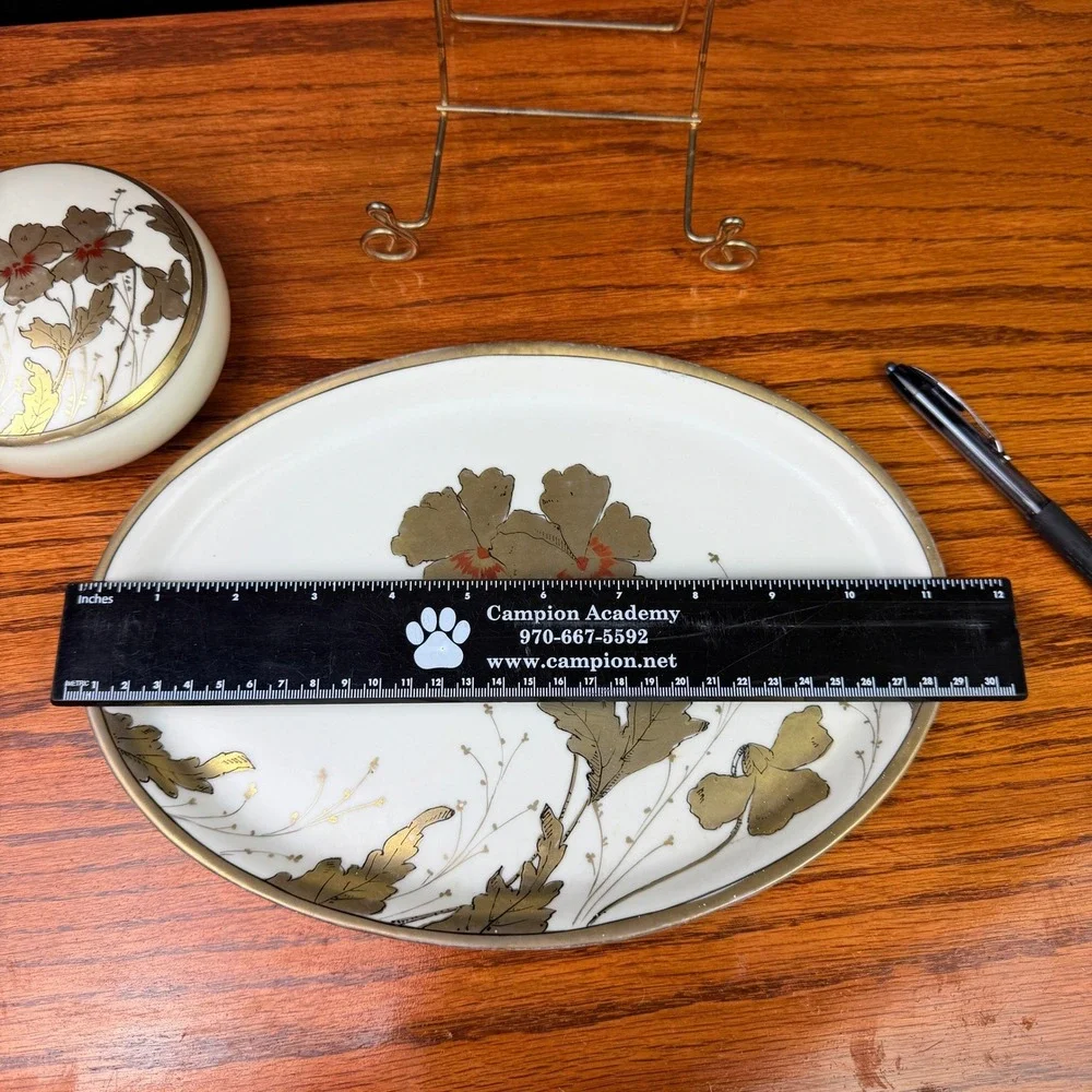 1909 Art Deco Dresser Tray & Covered Jar Set Porcelain Gold Antique Poppy LOOK
